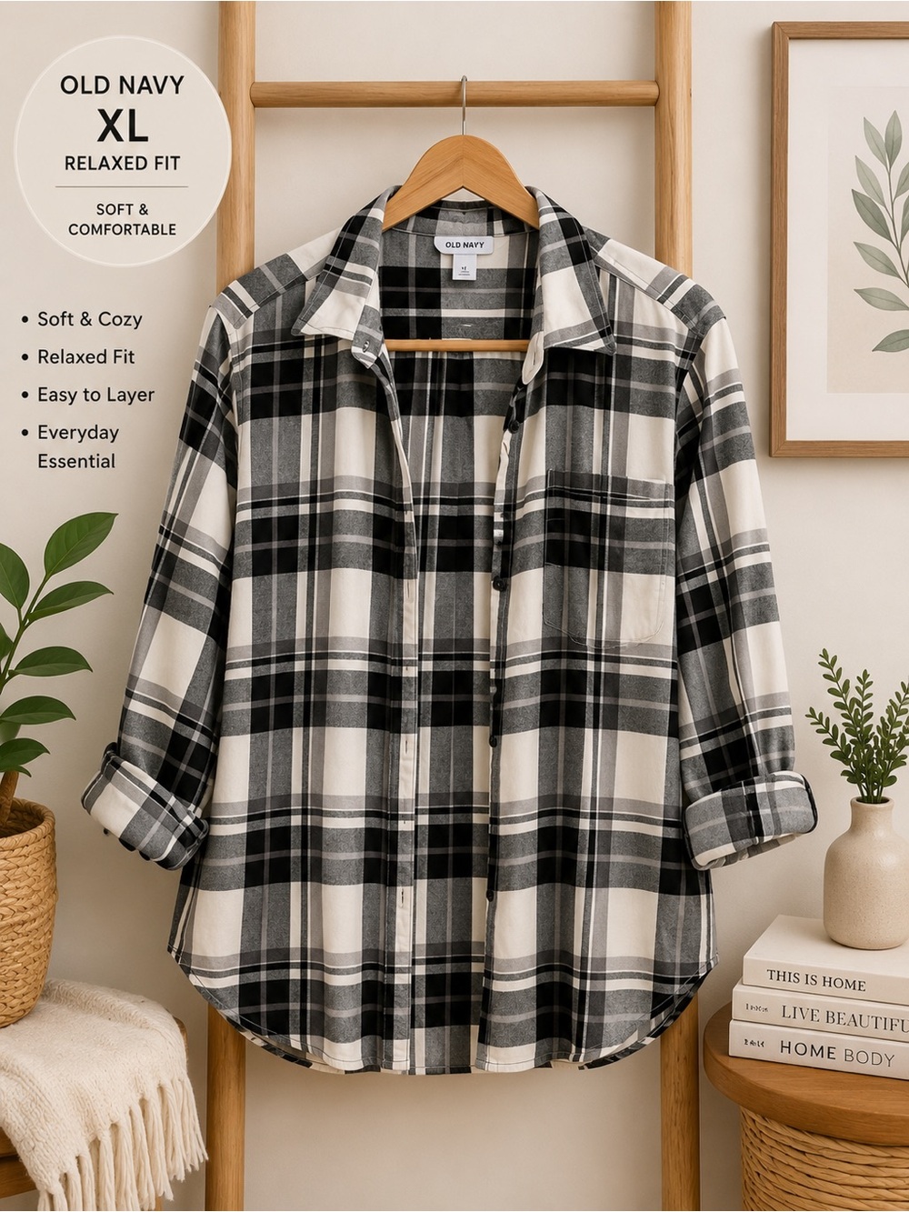 Old Navy Black and White Plaid Button-Down Shirt